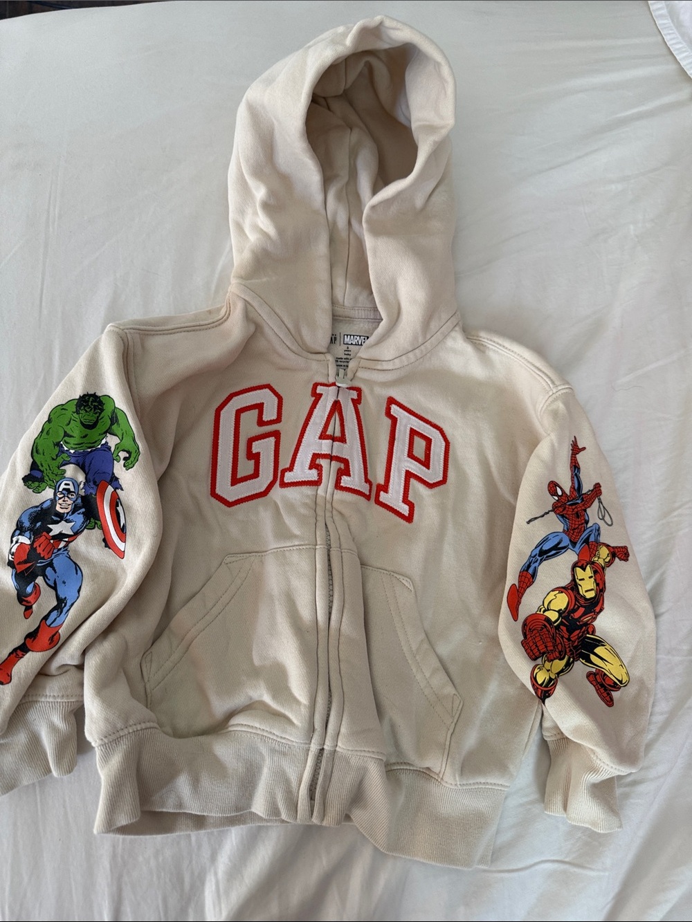 GAP Cream Kids Hoodie with Red Logo and Marvel Sleeve Art